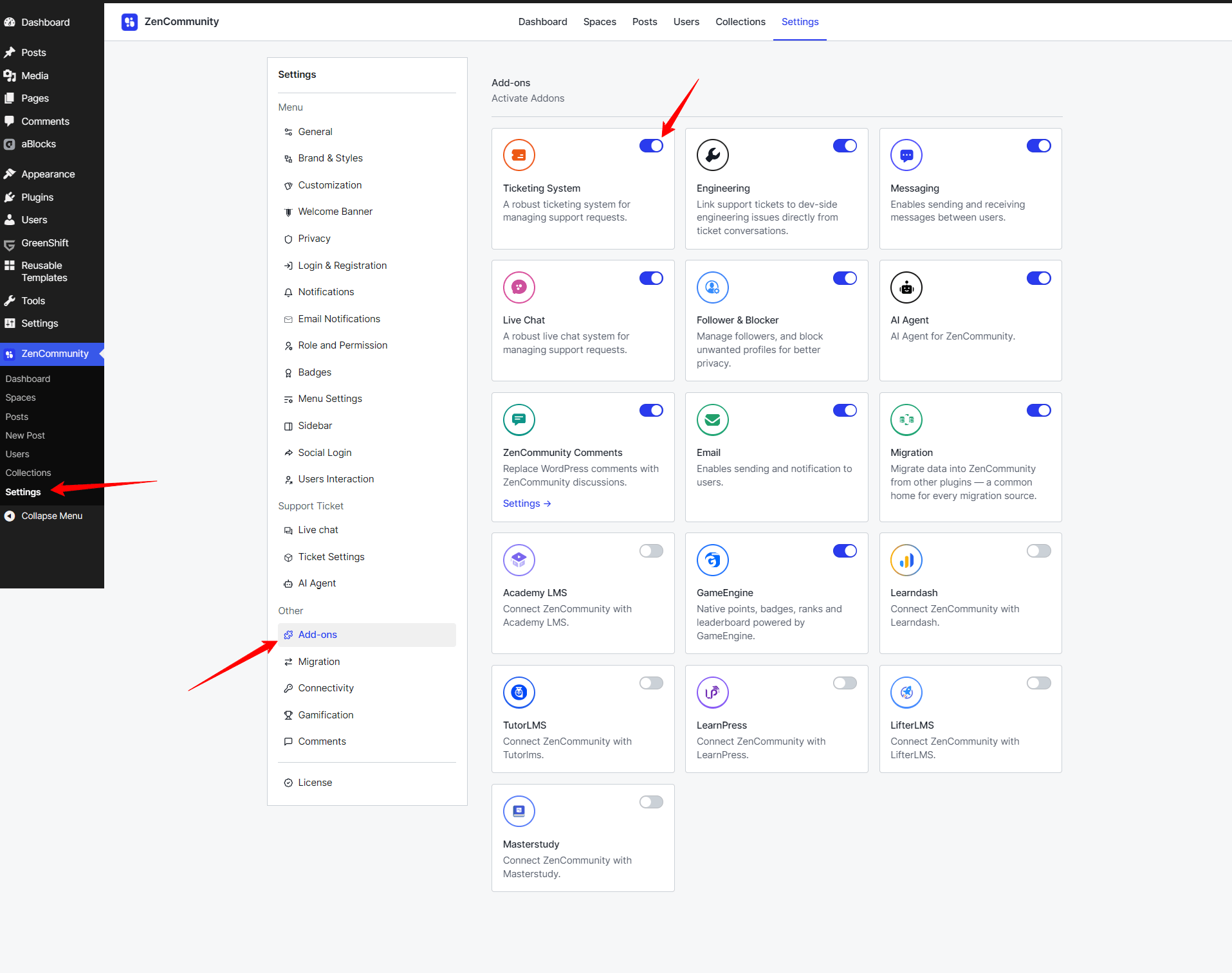 Enable the Ticketing System  addon