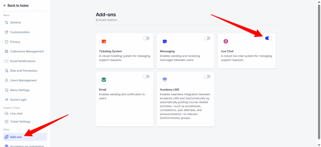 Enable Live Chat Add-on