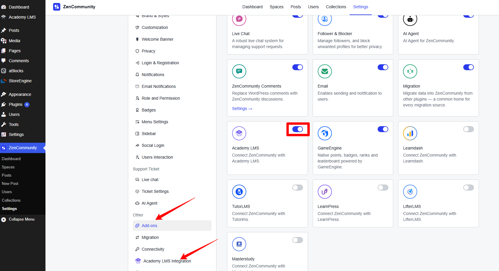 Activate Academy LMS Add-on from the ZenCommunity Add-on Section
