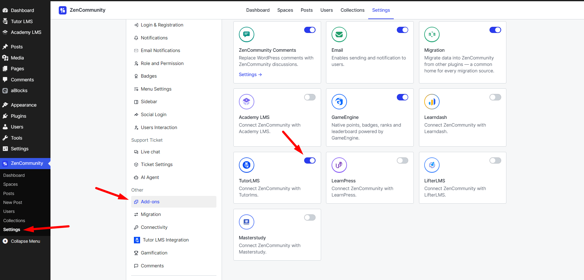 Activate Tutor LMS Add-on from the ZenCommunity Add-on Section