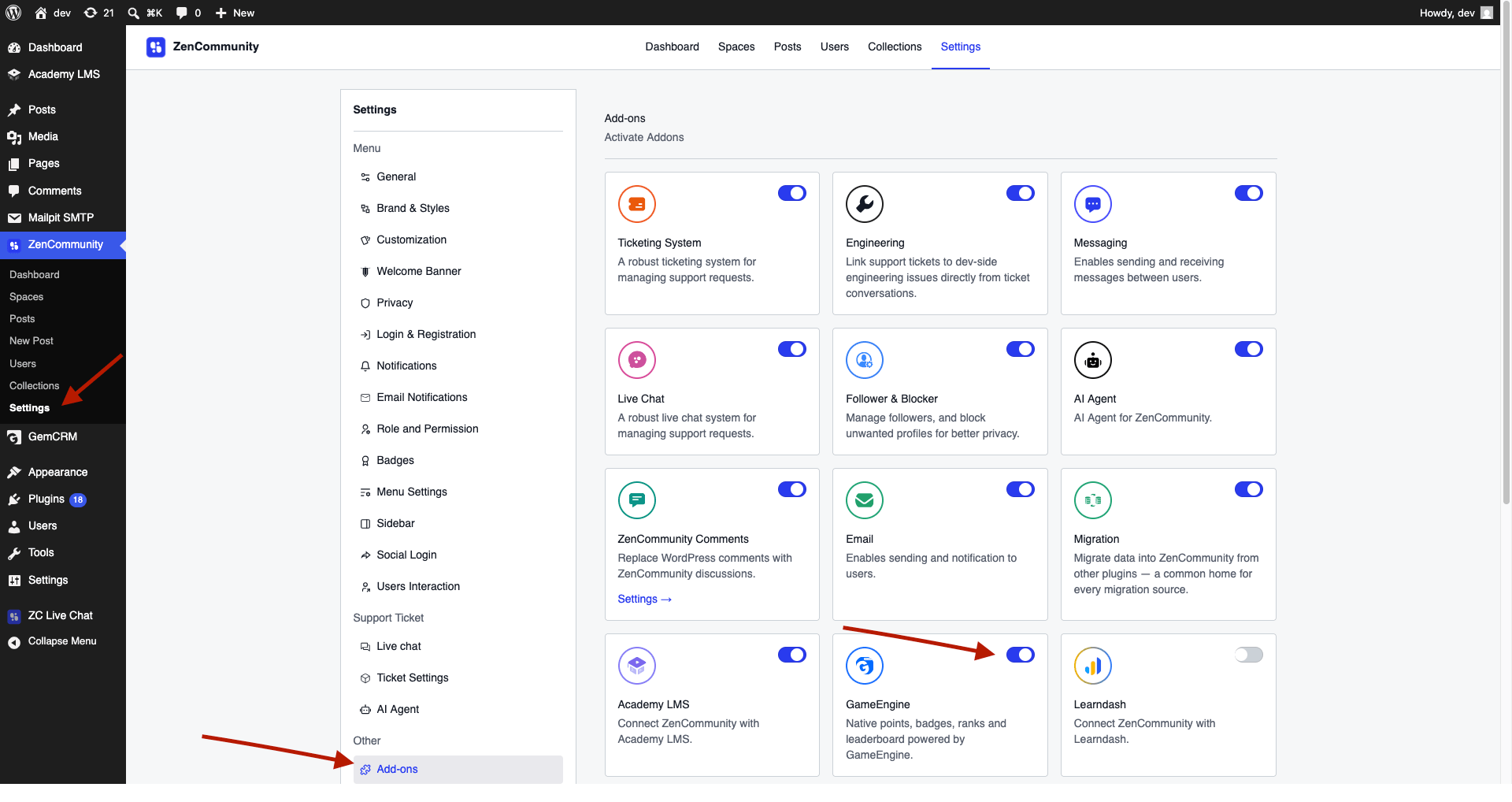 ZenCommunity Add-ons settings page.