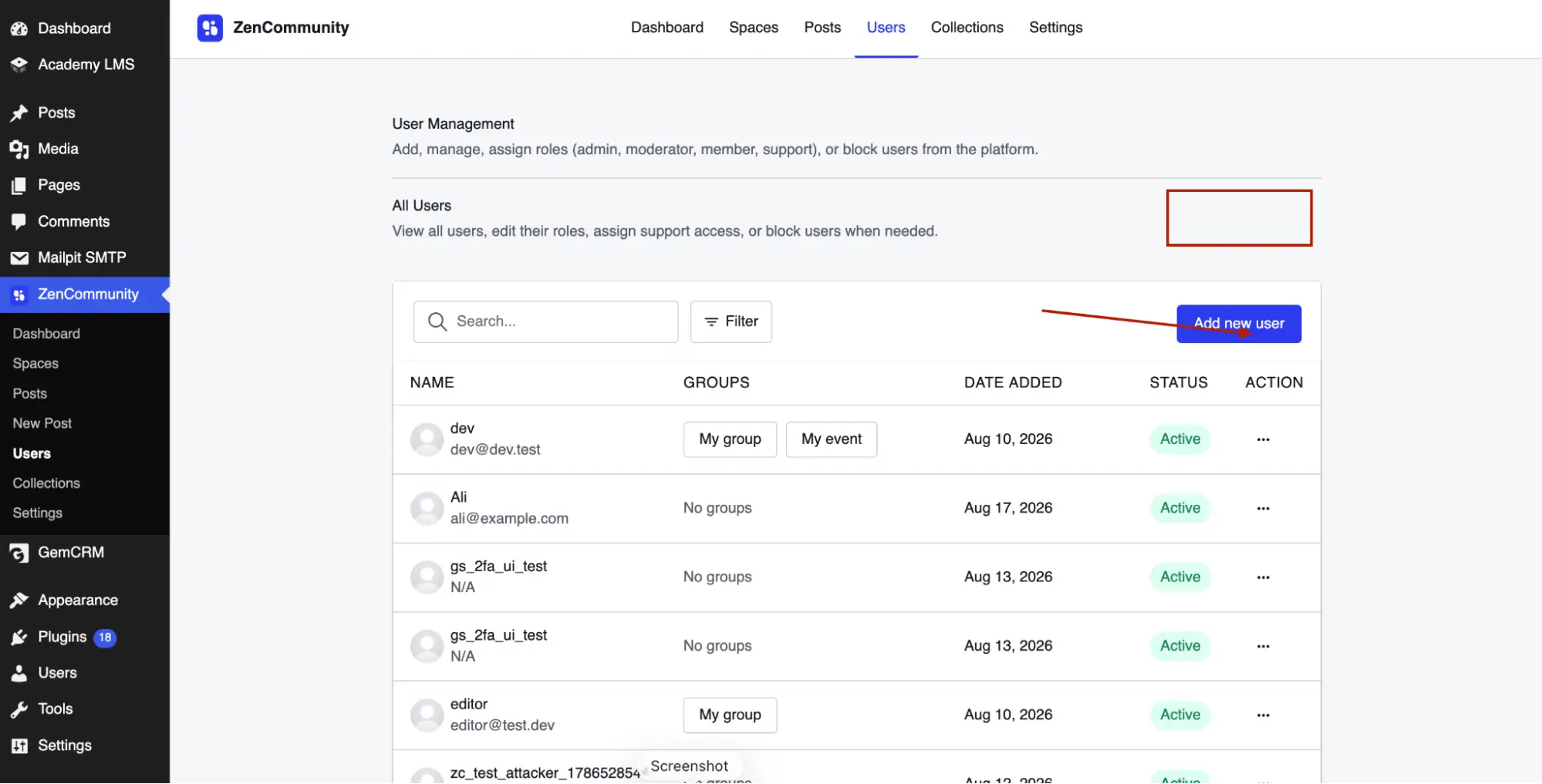 ZenCommunity user list with “Add new user” highlighted.
