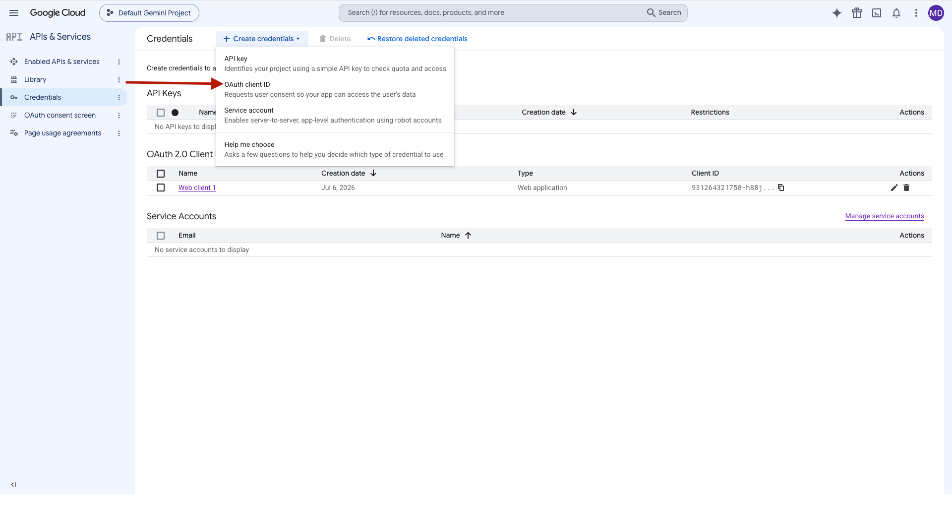 Google Cloud Credentials page with the Create credentials menu open.