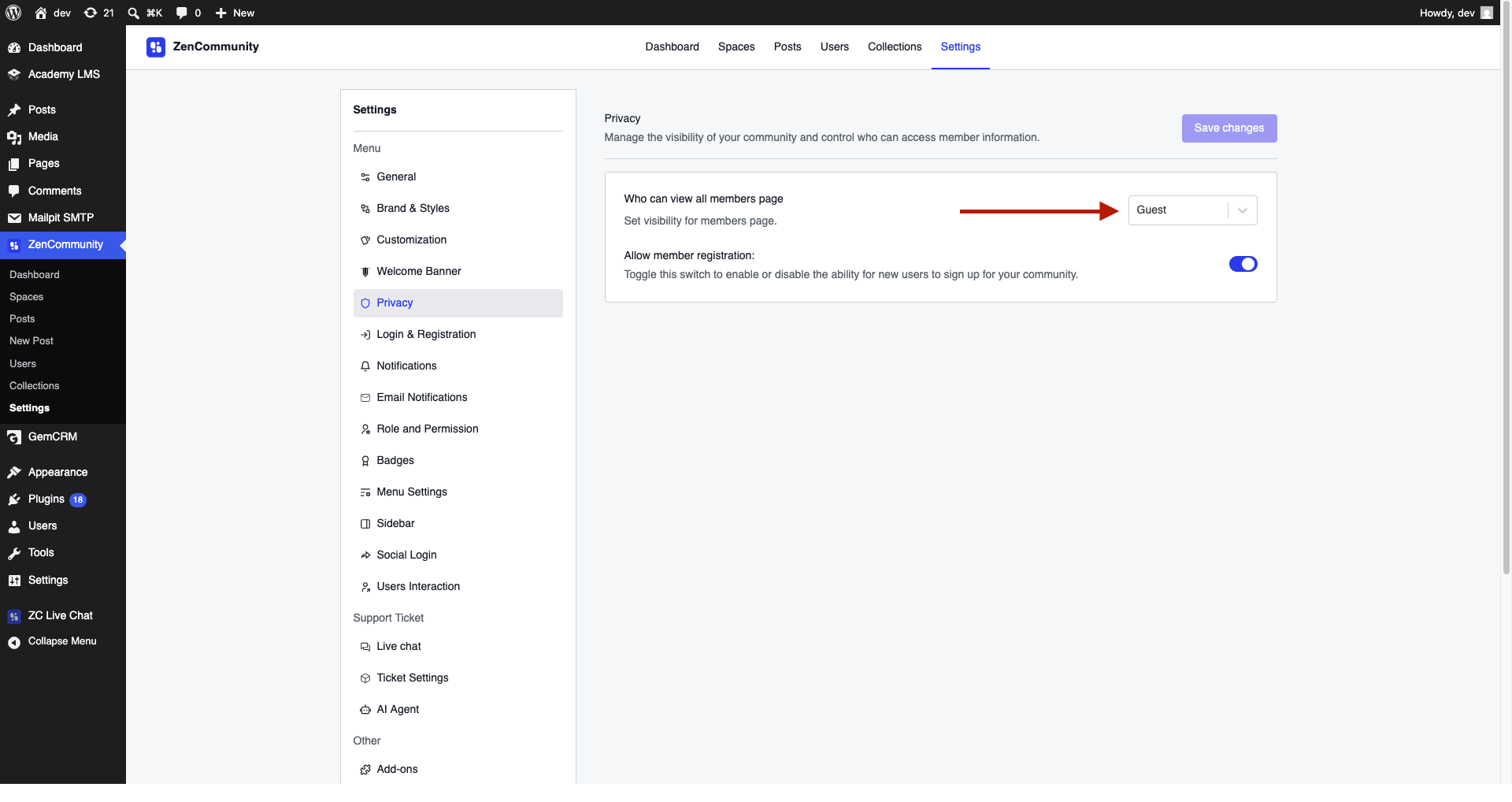  Privacy settings with Guest access selected.