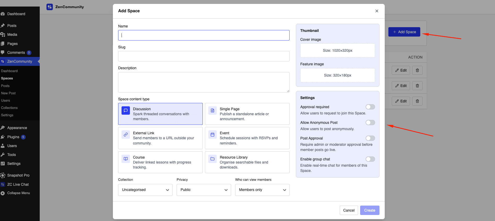 Add Space modal Add Space modal