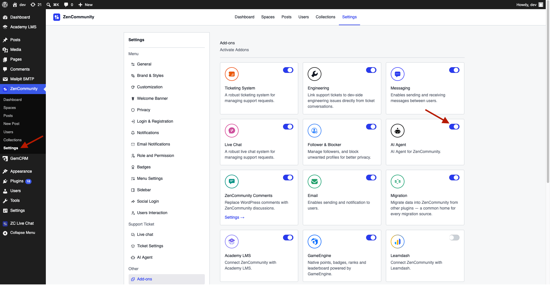 AI Agent toggle highlighted in ZenCommunity settings. AI Agent toggle highlighted in ZenCommunity settings.