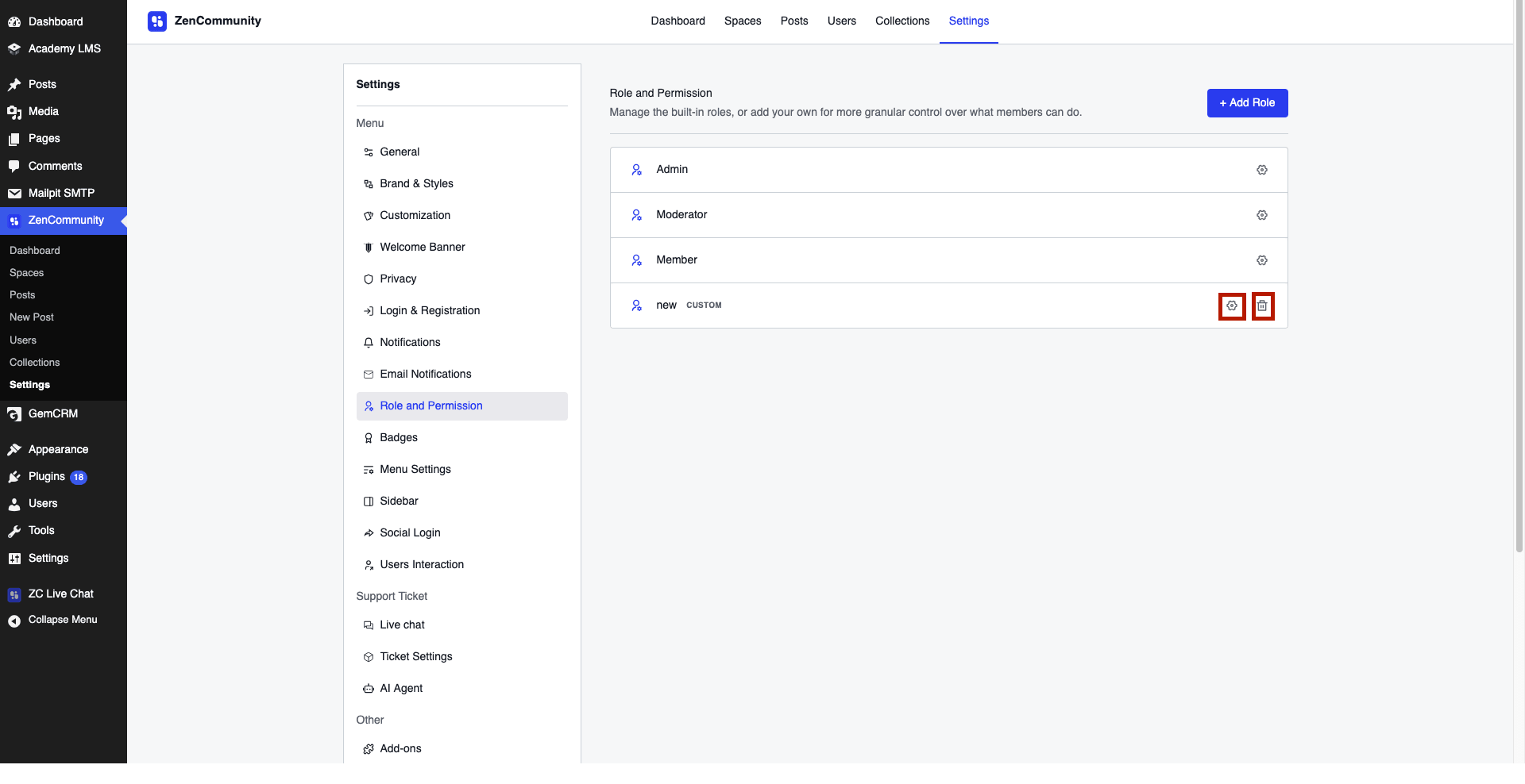 ZenCommunity Role and Permission settings page.