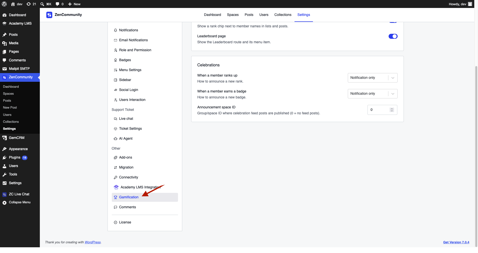 ZenCommunity Gamification settings.