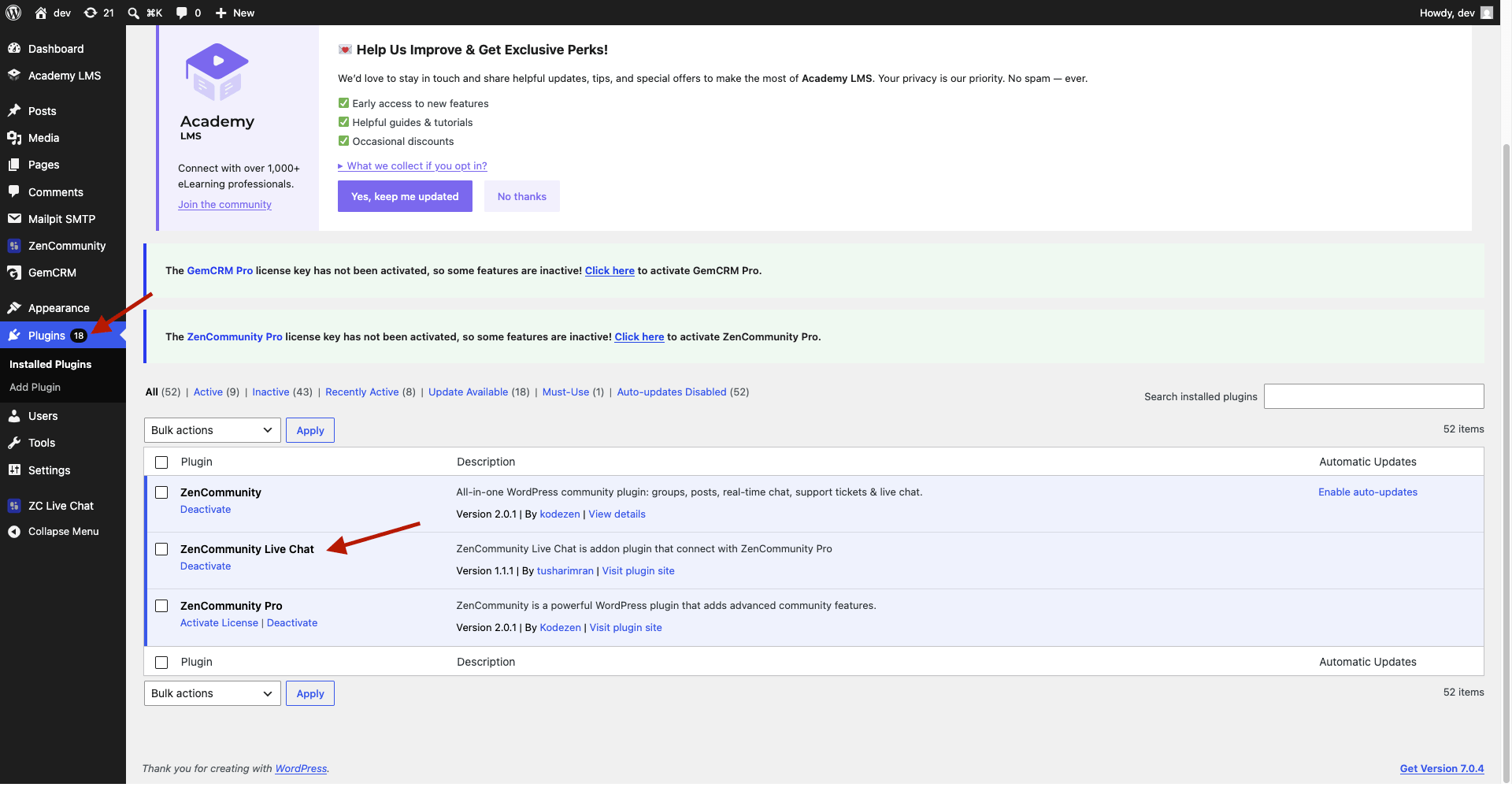 WordPress Plugins page with ZenCommunity plugins.” WordPress Plugins page with ZenCommunity plugins.”