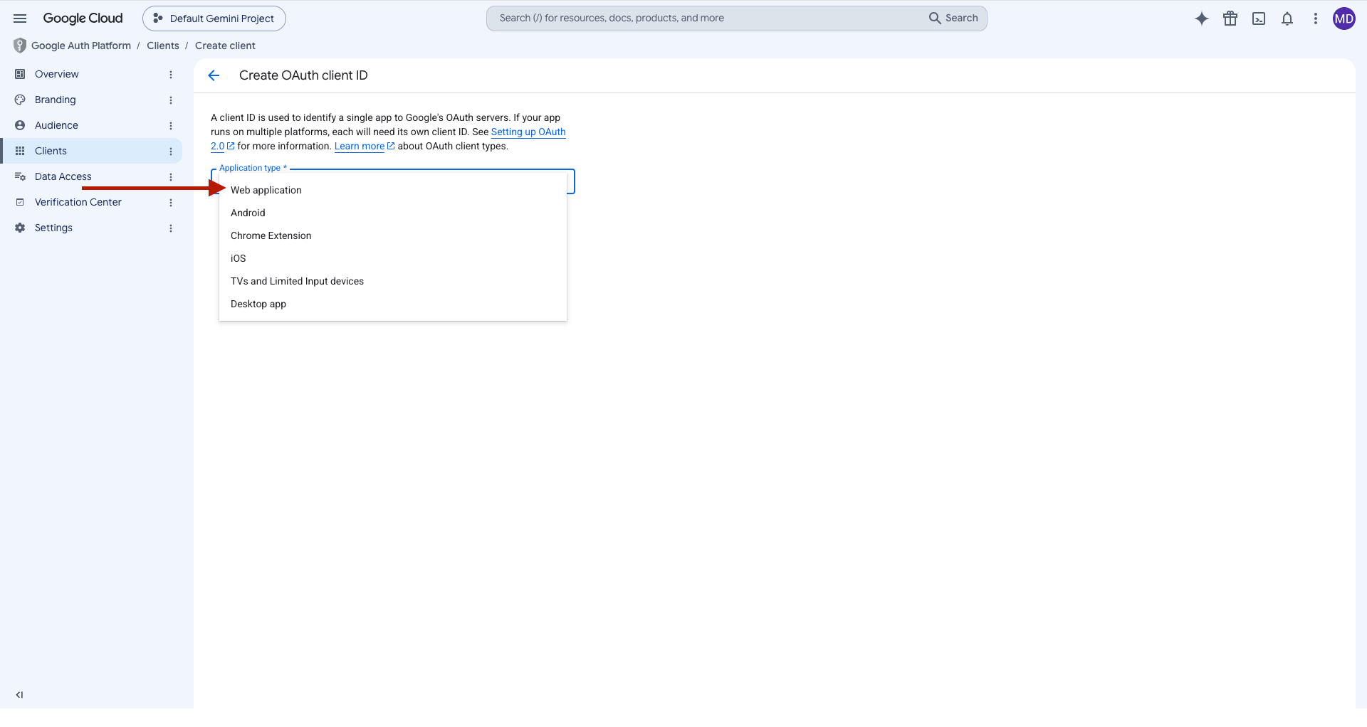  Google Cloud OAuth client ID setup screen.