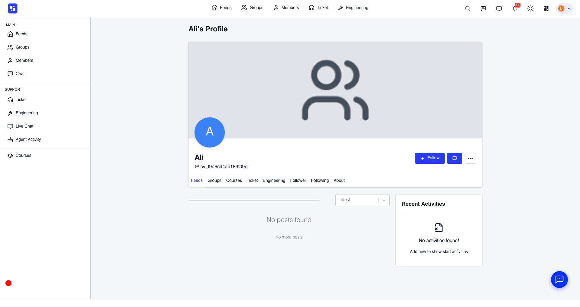 Ali’s profile page with a gray banner and blue avatar.”