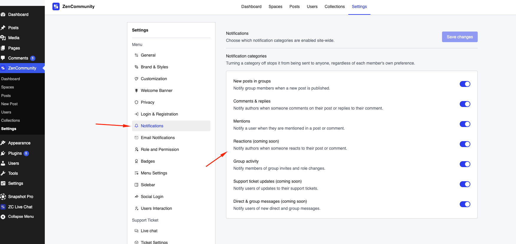 Admin notification settings