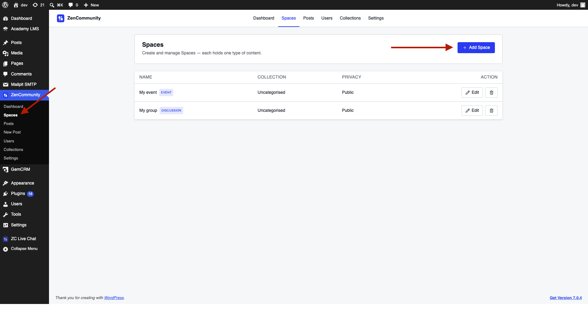 ZenCommunity Spaces page with Add Space button.