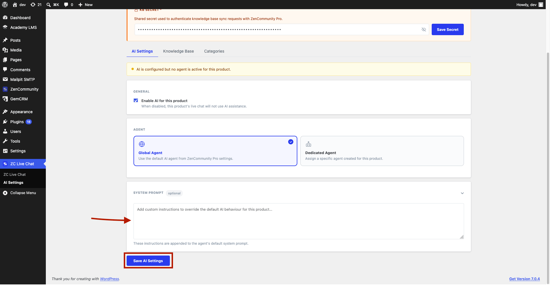 Settings page with System Prompt and Save button. Settings page with System Prompt and Save button.