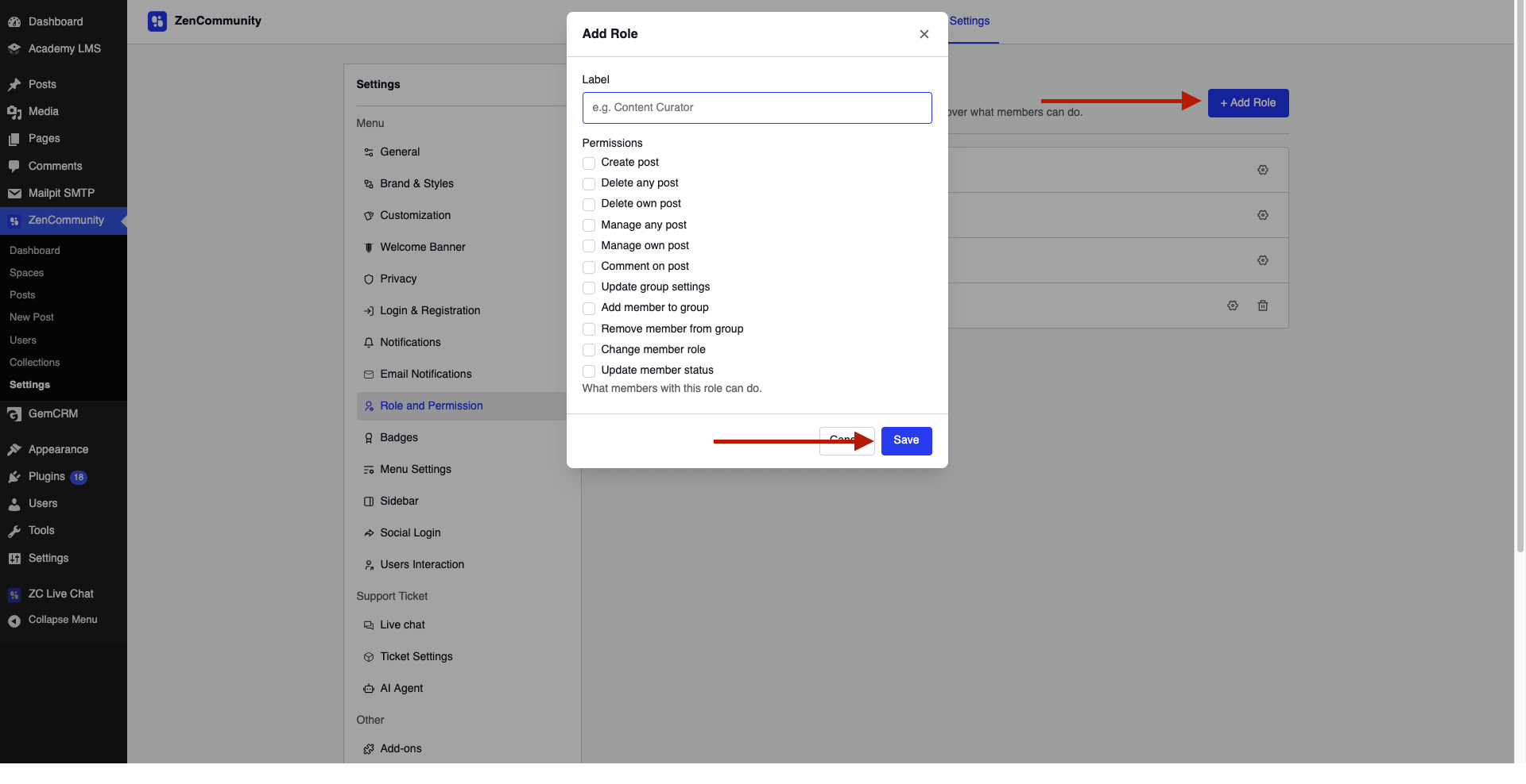 settings popup with permissions and Save button.