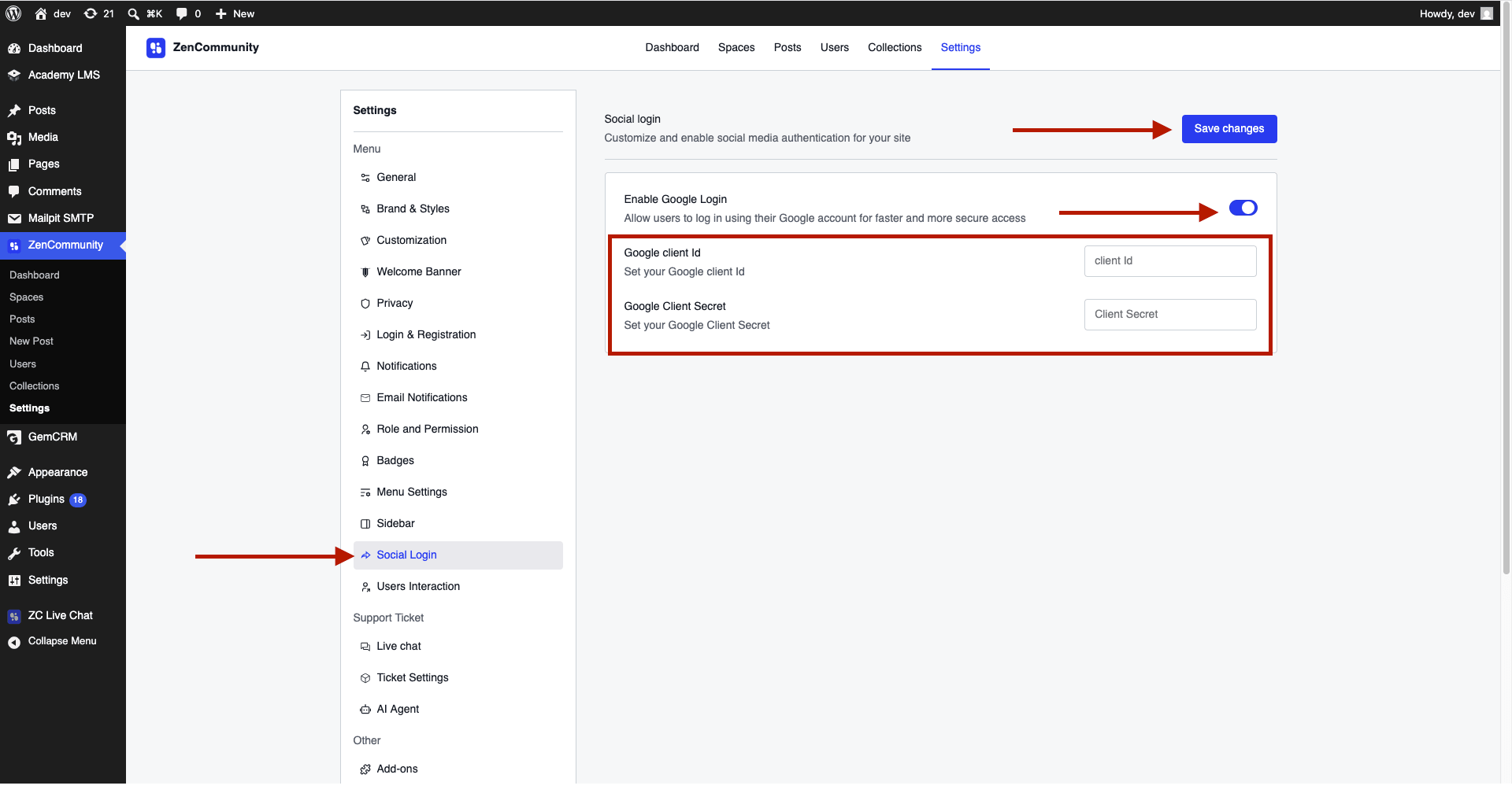 Google Social Login settings page with Client ID, Secret, and Save Changes.