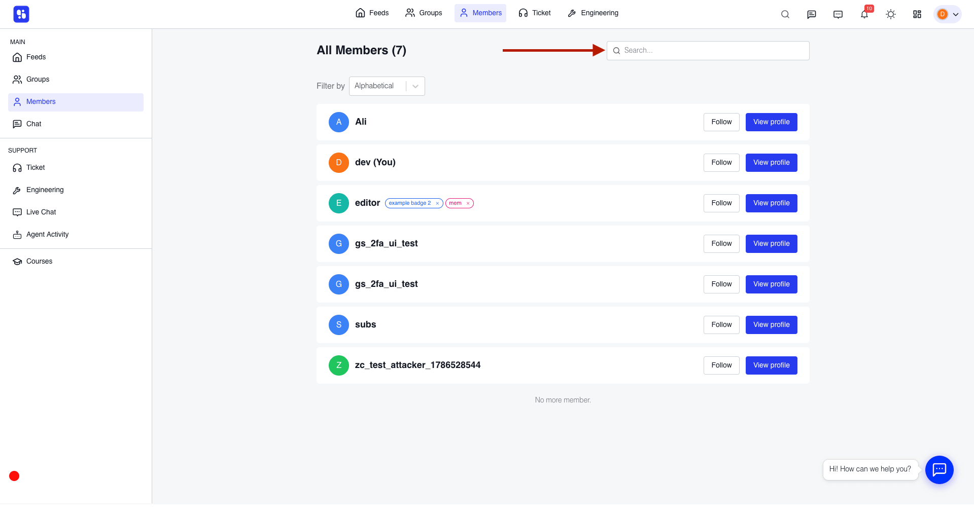  Members list with a highlighted search bar.