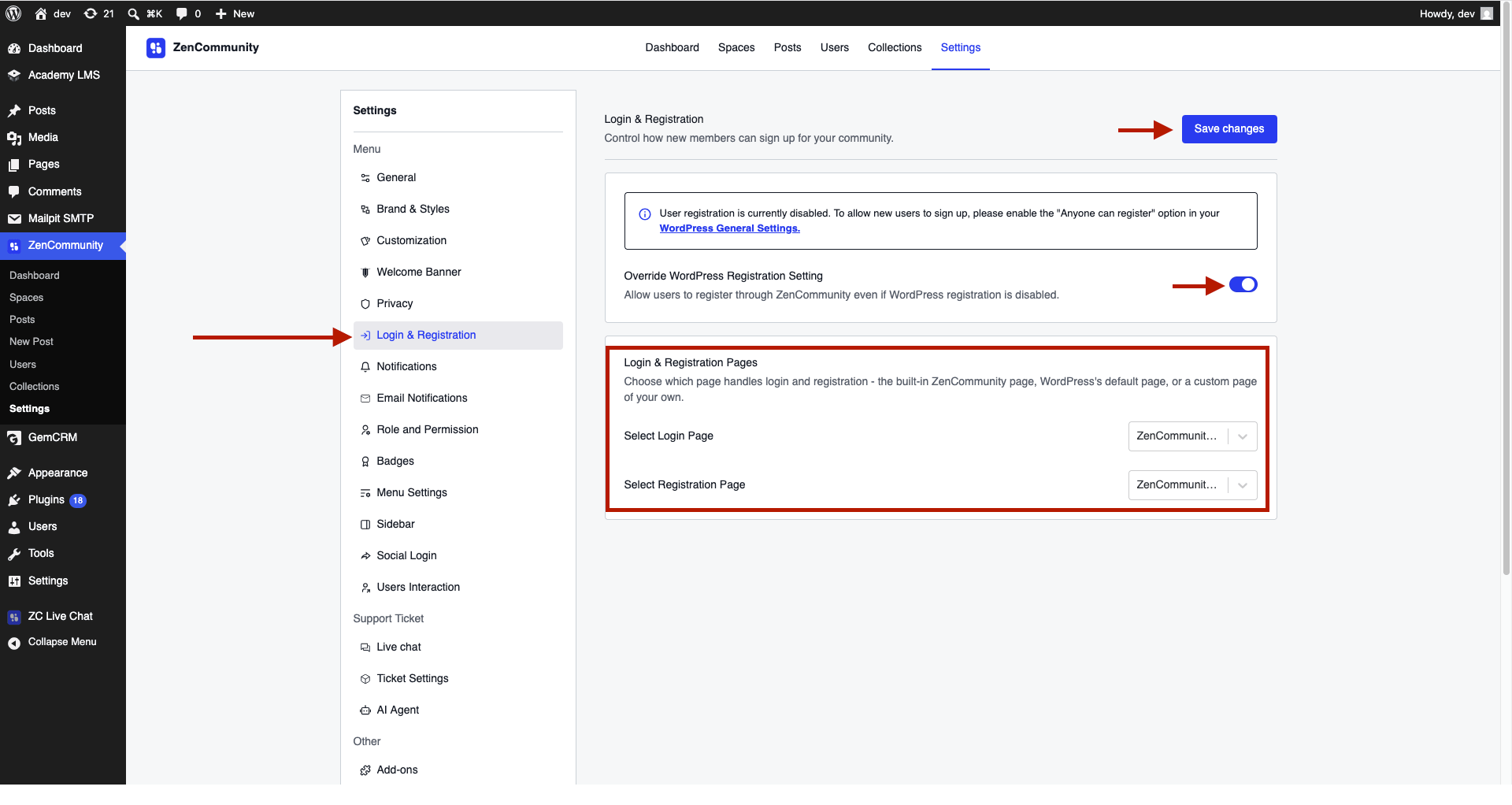  ZenCommunity Login & Registration settings page.