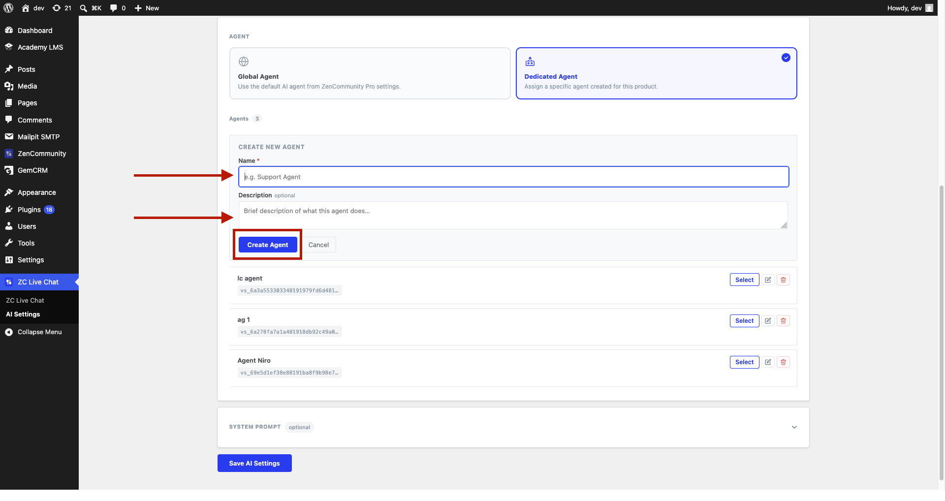 settings page with highlighted fields and Create Agent button. settings page with highlighted fields and Create Agent button.