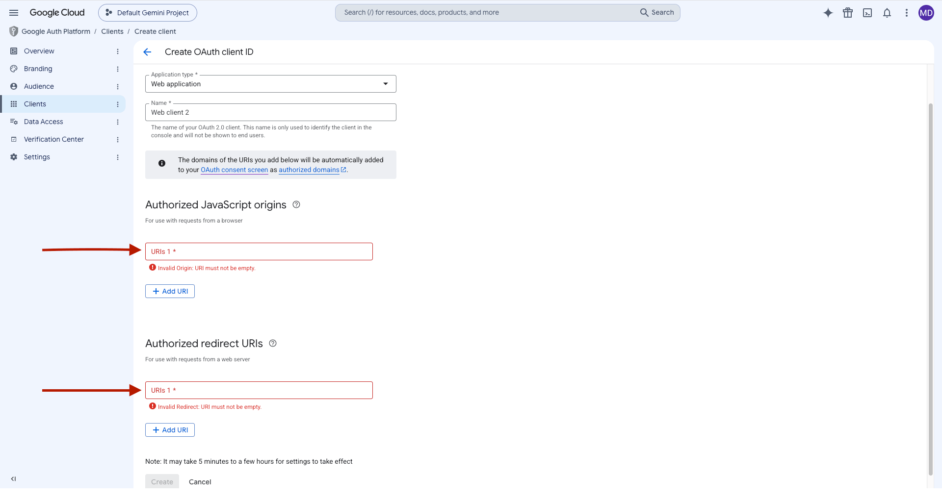 Google Cloud OAuth setup screen with a star icon and highlighted URI fields.