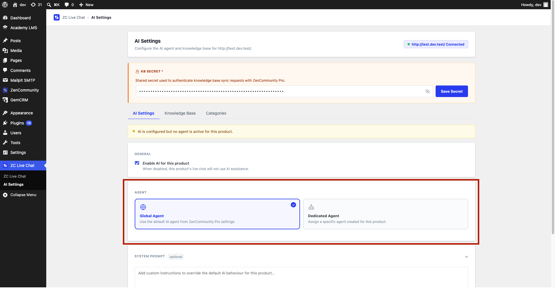 Settings with Global Agent selected. Settings with Global Agent selected.