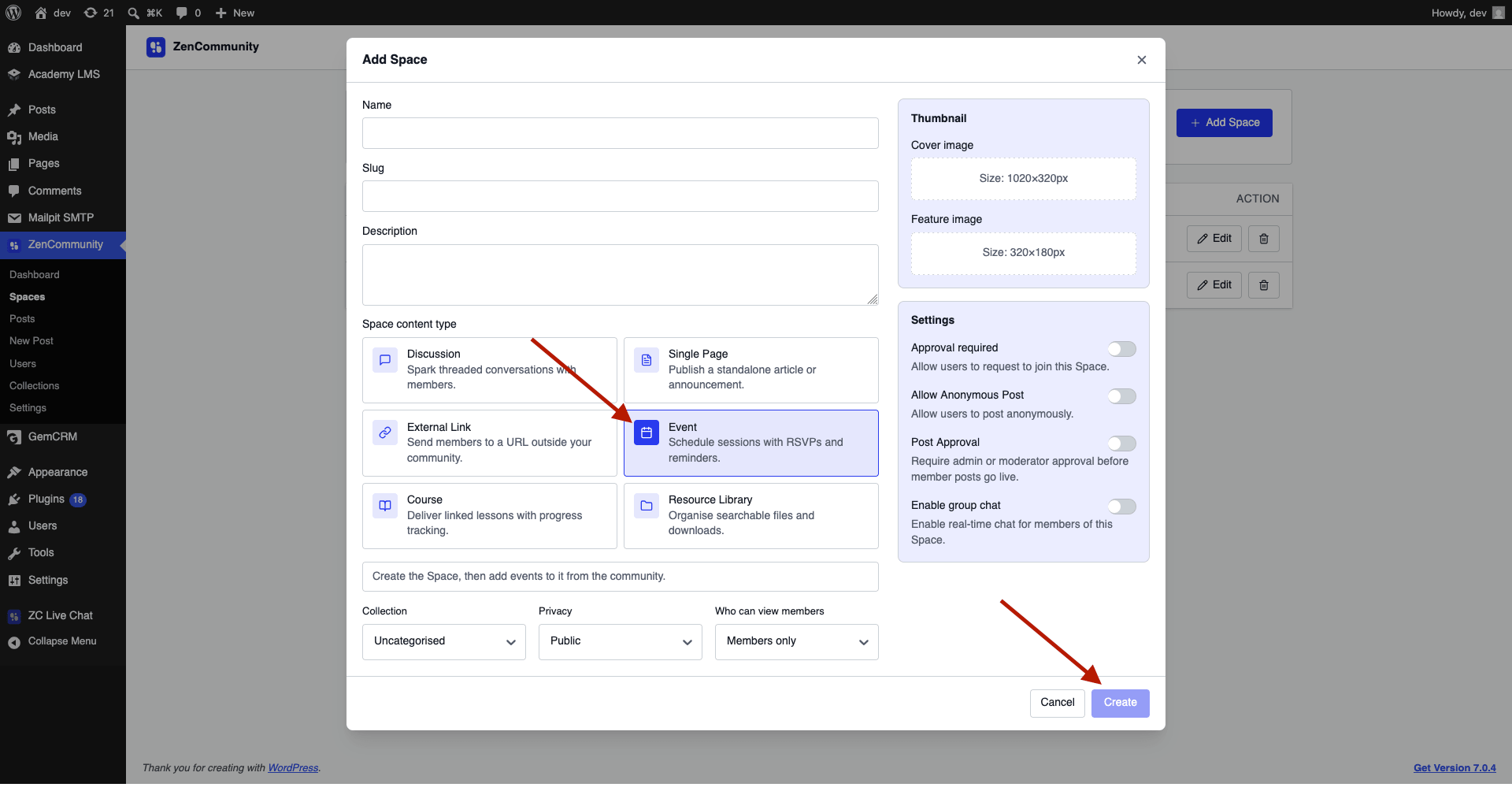 Add Space modal with Event content type selected.