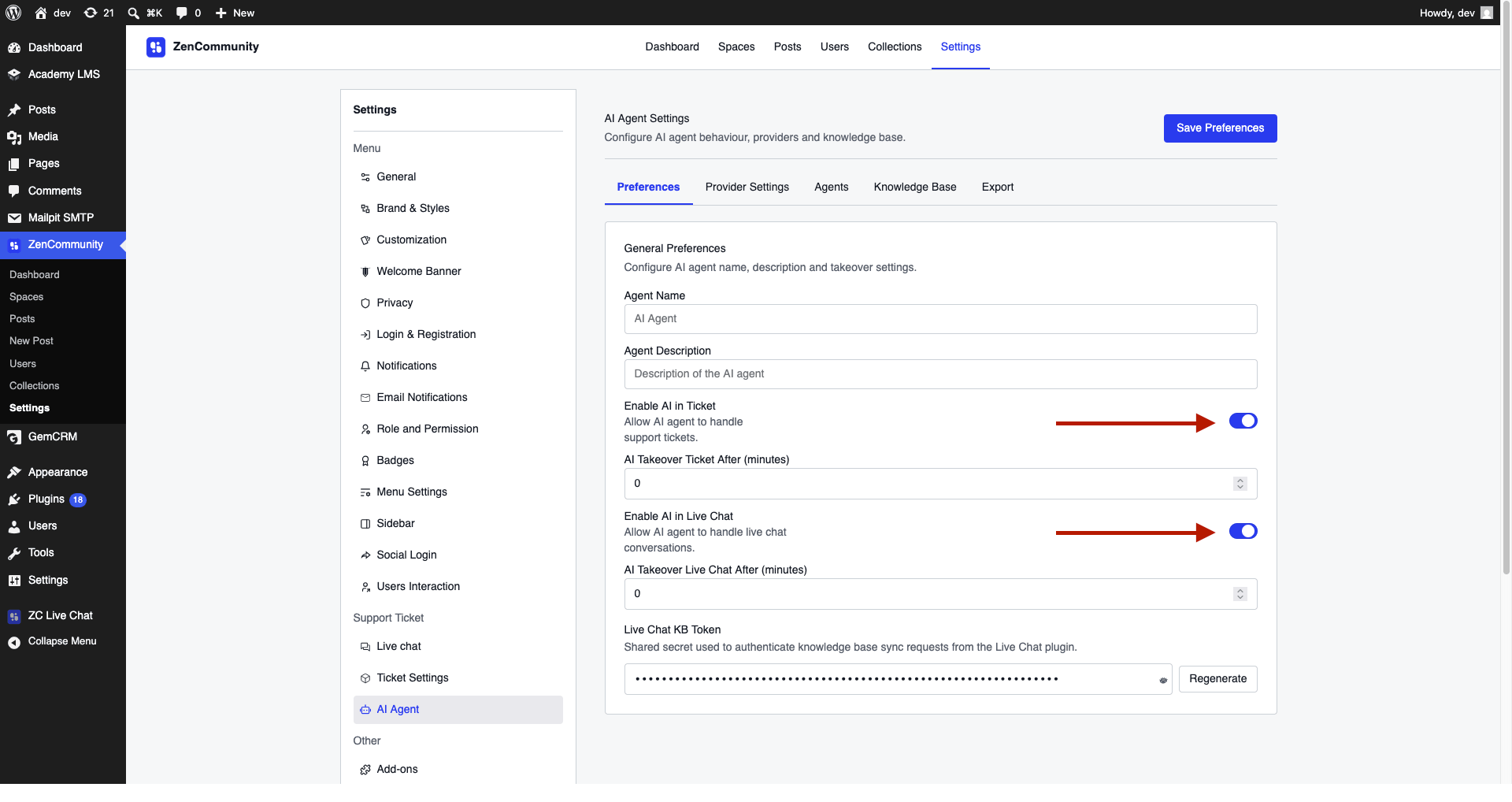 page with support ticket and live chat toggles. page with support ticket and live chat toggles.